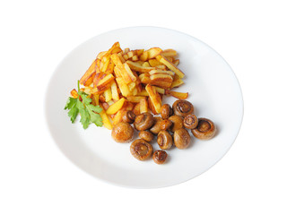 fried potatoes with mushrooms isolated