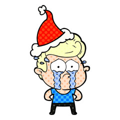 comic book style illustration of a crying man wearing santa hat