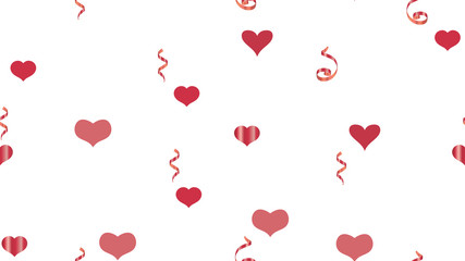 Falling Red confetti. Festive Pattern of Hearts and Serpentine. Vector Seamless Pattern on a White fond. The foundation of packaging, textiles, wallpaper, banner, printing.