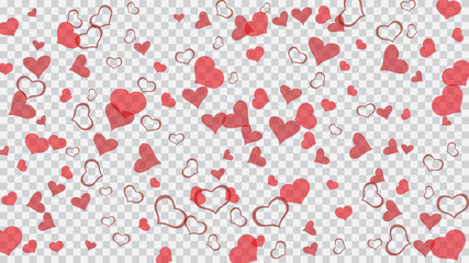 Light background. Red hearts of confetti are flying. Red on Transparent fond Vector. A sample of wallpaper design, textiles, packaging, printing, holiday invitation for Valentine's Day.