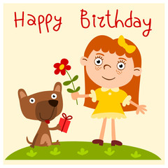 Funny girl going and puppy dog with gift and flower - happy birthday card.