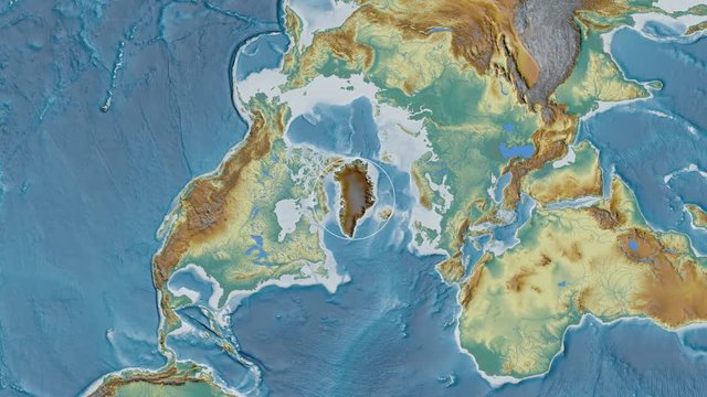 Greenland area presented against the global relief map in the Patterson Cylindrical projection with animated oblique transformation