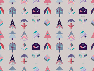 Fototapeta na wymiar Seamless vector pattern. symmetrical background with hand drawn decorative trees. Cute pastel colorful print. Graphic design, illustration for wrapping, wallpaper, fabric, packaging, textile