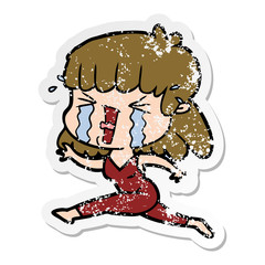 distressed sticker of a cartoon woman in tears