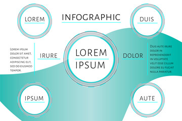 Futuristic Infographic template with 5 options (steps) and place for text. Turquoise circles template design for report, banner, workflow, business presentation. Editable vector EPS 10 illustration.