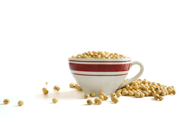 Soybean in coffee cup on white background.
