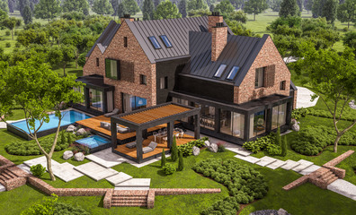 3d rendering of modern cozy clinker house on the ponds with garage and pool for sale or rent with beautiful landscaping on background. Clear sunny summer day with blue sky.