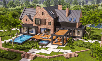 3d rendering of modern cozy clinker house on the ponds with garage and pool for sale or rent with beautiful landscaping on background. Clear sunny summer day with blue sky.