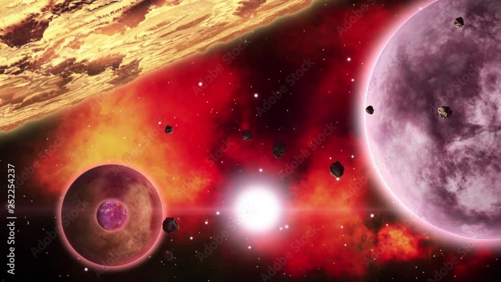 Wall mural planets in front of fiery red nebulae in deep space. space art collection. loop.