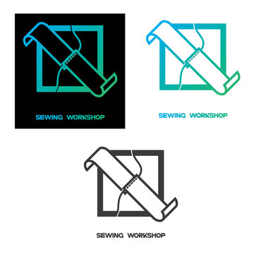    illustration depicting two stitched pieces of fabric in the form of a symbol or logo and text "sheving workshop "
