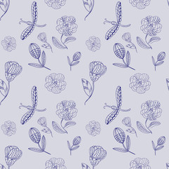 Seamless pattern abstract line flower and blossom. Hand drawn ornament vintage plant.