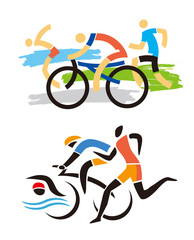 Triathlon Race, Runner, cyclist, swimmer symbol. Two differently stylized illustrations of Three triathlon athletes. Isolated on white background. Vector available. - obrazy, fototapety, plakaty