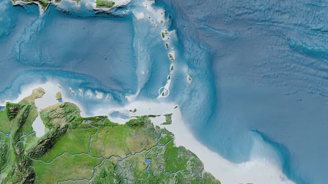 Grenada area presented against the global satellite map in the Kavrayskiy VII projection with animated oblique transformation