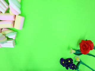 Colorful Marshmallows on green background