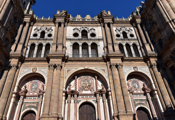 Facade of Malaga Cathedral "La Manquita" (The One-Armed Lady) in old town of Malaga, Andalusia, Southern Spain