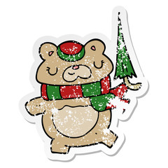 distressed sticker of a cartoon bear with umbrella