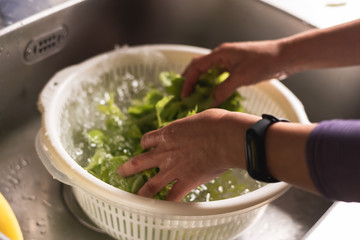 woman washing vegetables