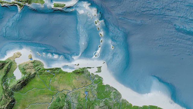 Grenada area presented against the global satellite map in the Patterson Cylindrical projection with animated oblique transformation