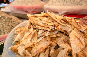 heap of dried fish at the traditional market