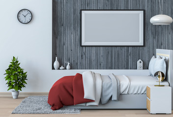 Mockup blank poster 3D rendering of interior bed room