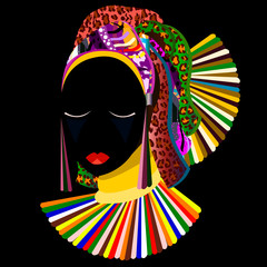Silhouette of an African woman in a massive headdress. Leopard print.