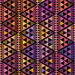 Purple, pink and orange triangle geometric design. Repeat vector pattern on black background with boho vibe. Great for wellbeing, yoga, beauty products, home decor, gift wrap, stationery, packaging