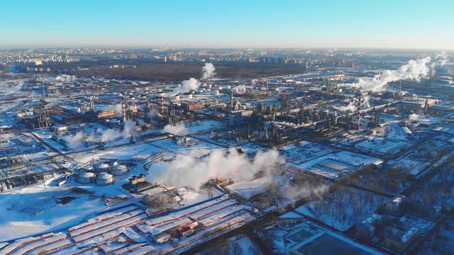  Flying over the oil plant in the winter in Russia.