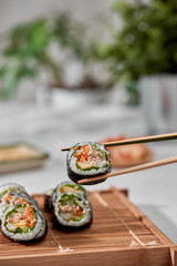 Korean roll Gimbap(kimbob) made from steamed white rice (bap) and various other ingredients