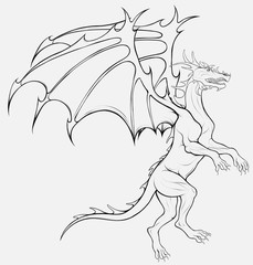 The dragon with grinning mouth, preparing for takeoff. Linear illustration of winged snake, mythological character of fairy tales. Fantastic creature growls.