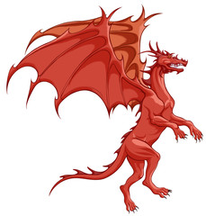 The  red dragon with grinning mouth, preparing for takeoff. Illustration of winged snake, mythological character of fairy tales. Fantastic creature growls.