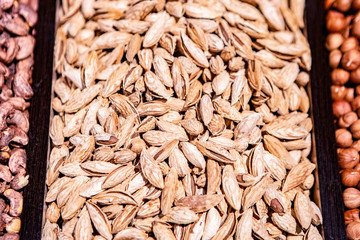 Almond Nuts Close-Up Background. Food Background Top View.