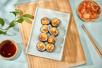 Korean roll Gimbap(kimbob) made from steamed white rice (bap) and various other ingredients