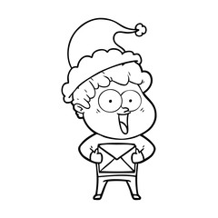 line drawing of a happy man wearing santa hat