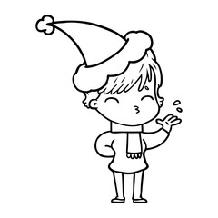 line drawing of a woman thinking wearing santa hat