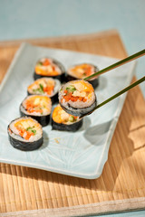 Korean roll Gimbap(kimbob) made from steamed white rice (bap) and various other ingredients