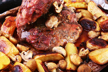 Grilled pork meat with potatoes. barbecue. Selective focus.
