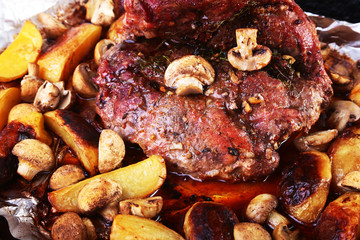 Grilled pork meat with potatoes. barbecue. Selective focus.