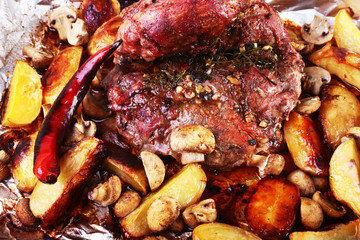 Grilled pork meat with potatoes. barbecue. Selective focus.