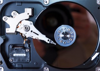 opened hard disc drive. computer hdd inside.