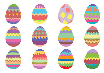 Set of 12 colourful Easter eggs on a white background.