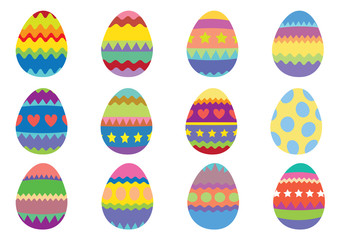 Set of 12 colourful Easter eggs on a white background
