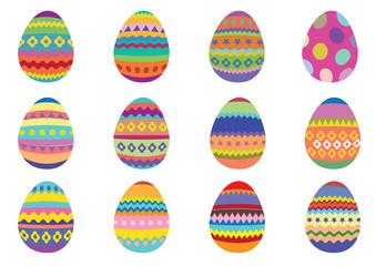 Set of 12 colourful Easter eggs on a white background