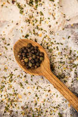 wooden spoon with pepper spices flour board menu ingredient