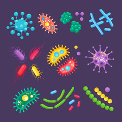 Fototapeta na wymiar Set of bacteria, microbes, virus, germs. Disease-causing object isolated on background. Bacterial microorganisms, probiotic cells. Vector cartoon design.