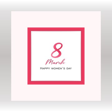 8 March greeting card. White curved paper banner with International Women's Day logo in the red frame on pink background. Vector illustration, eps 10
