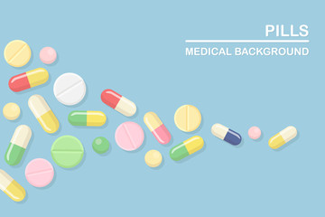 Set of pills, medicine, drugs. Painkiller Tablet, vitamine, pharmaceutical antibiotics. Medical background. Vector cartoon design