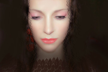 Portrait of a beautiful girl with bright, soft pink makeup and lace veil. medieval, sad.