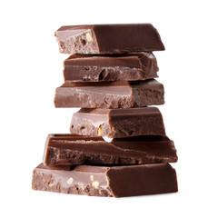 Close-up of chocolate pieces, isolated on white background