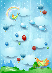Fantasy landscape with skyline, birds, balloons and flying fisches