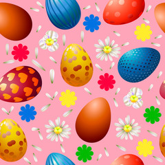 Fototapeta na wymiar Seamless pattern with Easter eggs and chamomiles on a pink background. Beautiful packing material for Easter.